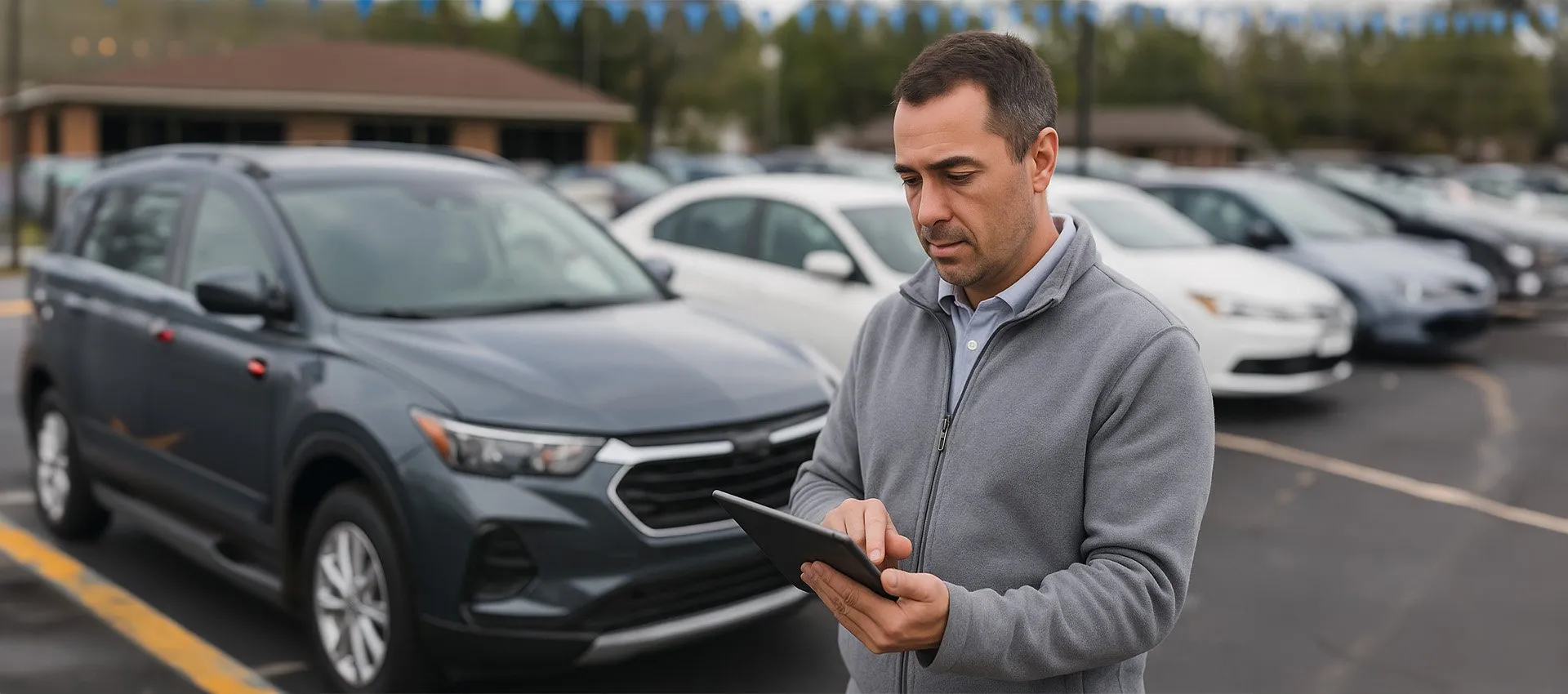 A dealer on the lot updating inventory on a tablet